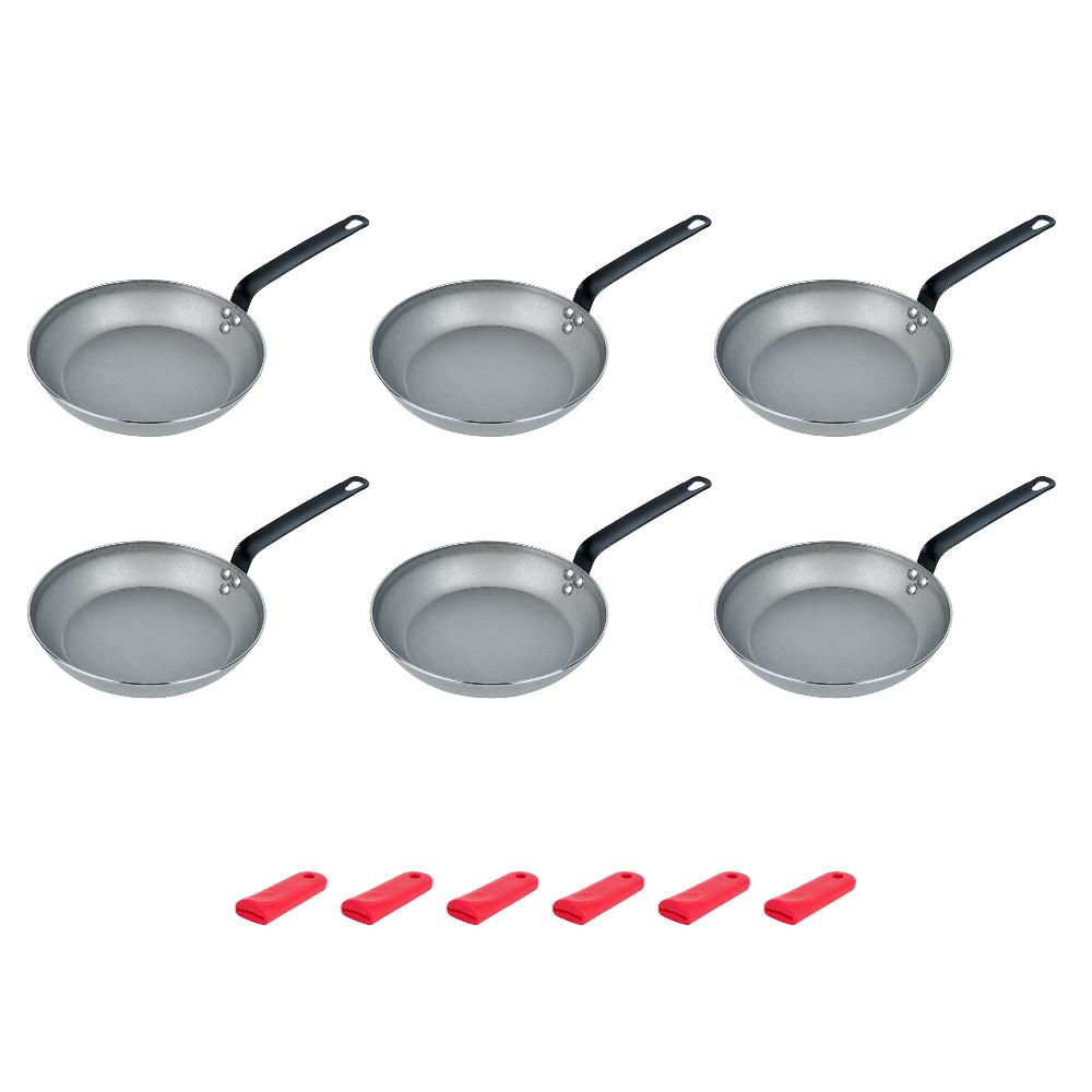 restaurantware Met Lux 6 Carbon Steel 10" Non-Stick Fry Pans and 6 Red Silicone Pan Handle Sleeves