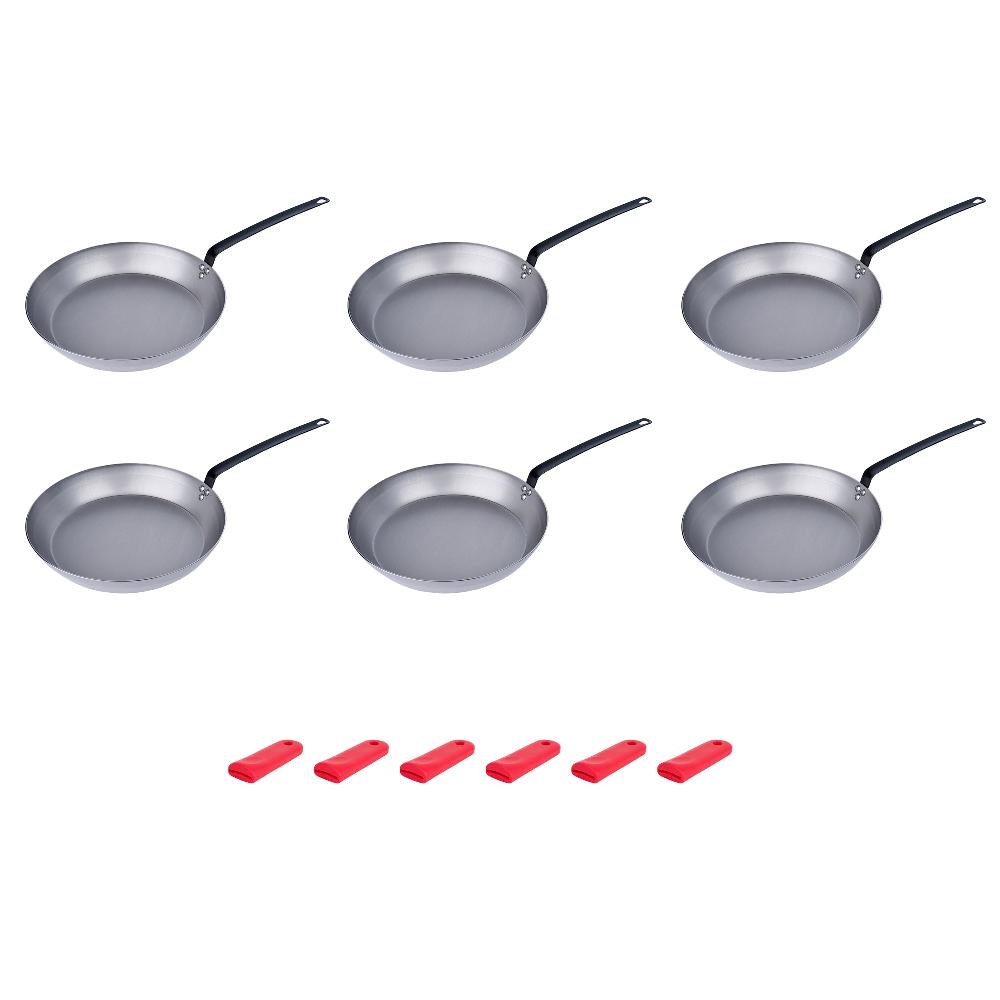 restaurantware Met Lux 6 Carbon Steel 16" Non-Stick Fry Pans and 6 Red Silicone Pan Handle Sleeves