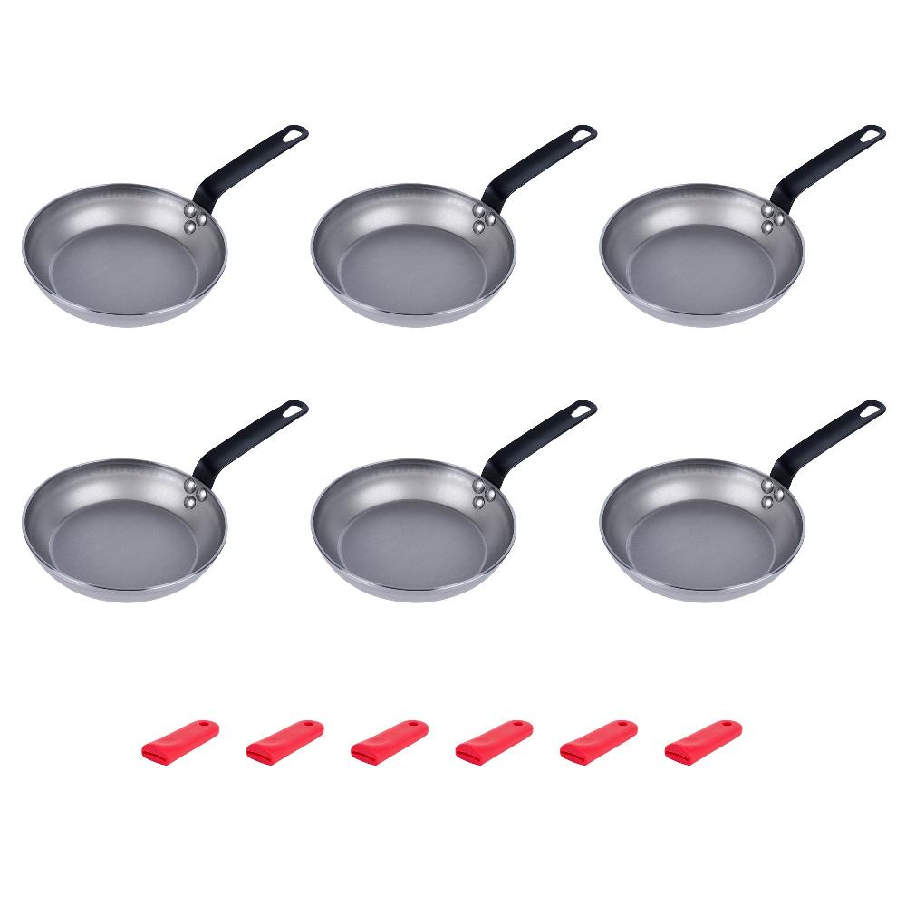 restaurantware Met Lux 6 Carbon Steel 8" Non-Stick Fry Pans and 6 Red Silicone Pan Handle Sleeves