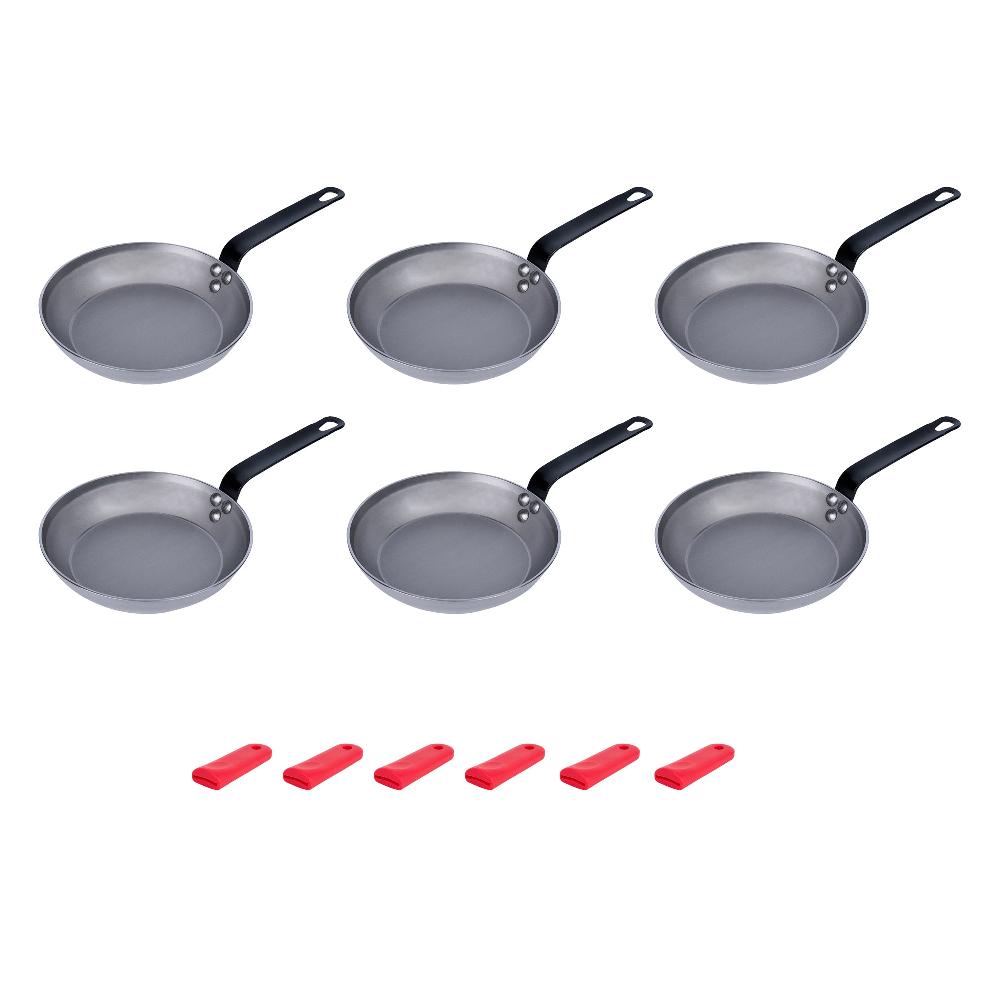 restaurantware Met Lux 6 Carbon Steel 9" Non-Stick Fry Pans and 6 Red Silicone Pan Handle Sleeves