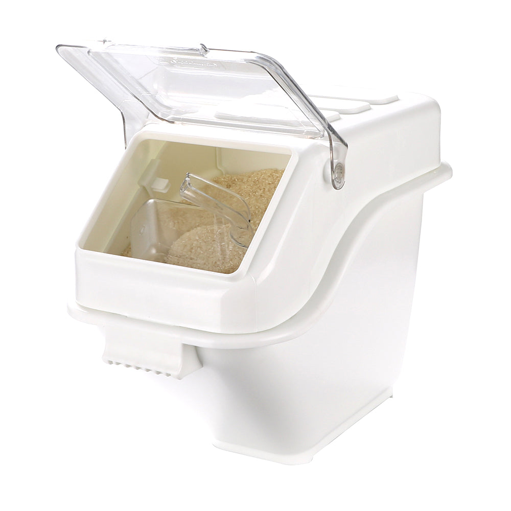 restaurantware Met Lux 6 gal Rectangle White Shelf Ingredient Bin - with 2 1/2 Cup Measuring Scoop - 1 count box
