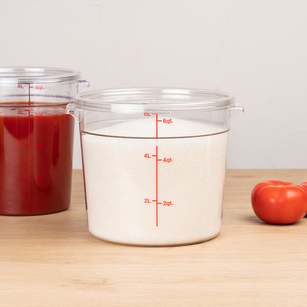 Restaurantware Met Lux 6 Qt Round Clear Plastic Food Storage Container - With Red Volume Markers - 8 3/4" X 8 3/4" X 7 3/4" - 10 Count Box
