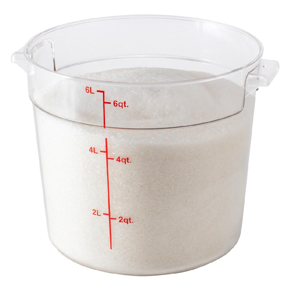 restaurantware Met Lux 6 qt Round Clear Plastic Food Storage Container - with Red Volume Markers - 8 3/4" x 8 3/4" x 7 3/4" - 10 count box