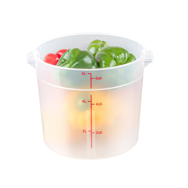 Restaurantware Met Lux 6 Qt Round Translucent Plastic Food Storage Container - With Red Volume Markers - 8 3/4" X 8 3/4" X 7 3/4" - 10 Count Box