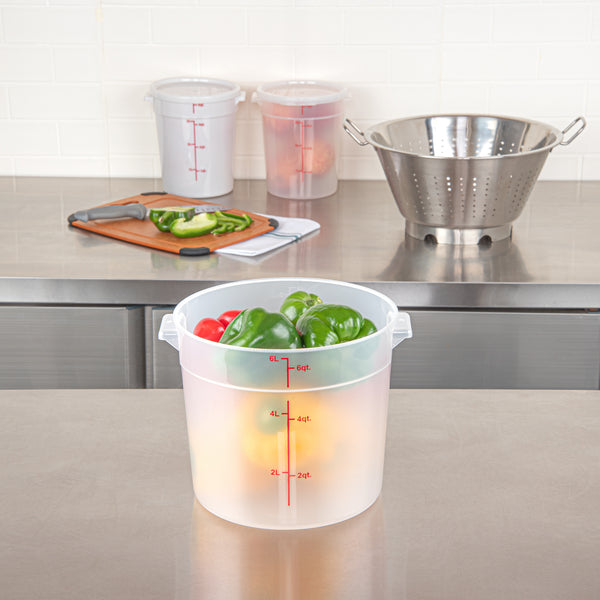 Restaurantware Met Lux 6 Qt Round Translucent Plastic Food Storage Container - With Red Volume Markers - 8 3/4" X 8 3/4" X 7 3/4" - 10 Count Box