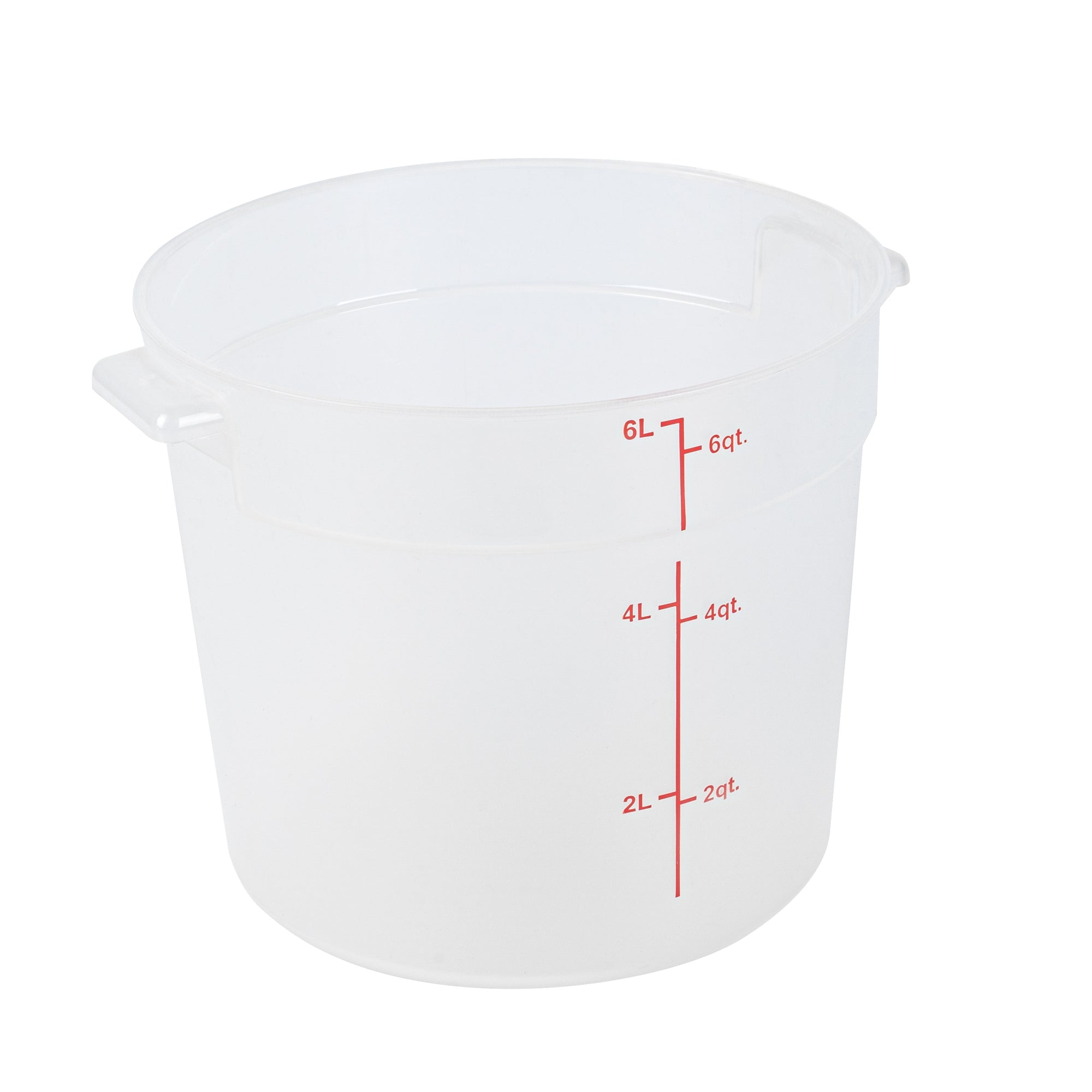 restaurantware Met Lux 6 qt Round Translucent Plastic Food Storage Container - with Red Volume Markers - 8 3/4" x 8 3/4" x 7 3/4" - 10 count box