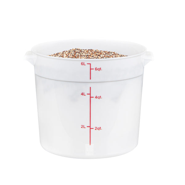 Restaurantware Met Lux 6 Qt Round White Plastic Food Storage Container - With Red Volume Markers - 8 3/4" X 8 3/4" X 7 3/4" - 10 Count Box