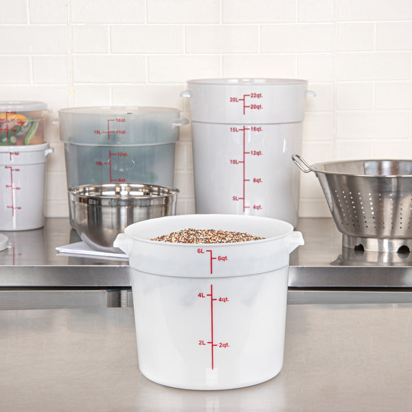 Restaurantware Met Lux 6 Qt Round White Plastic Food Storage Container - With Red Volume Markers - 8 3/4" X 8 3/4" X 7 3/4" - 10 Count Box