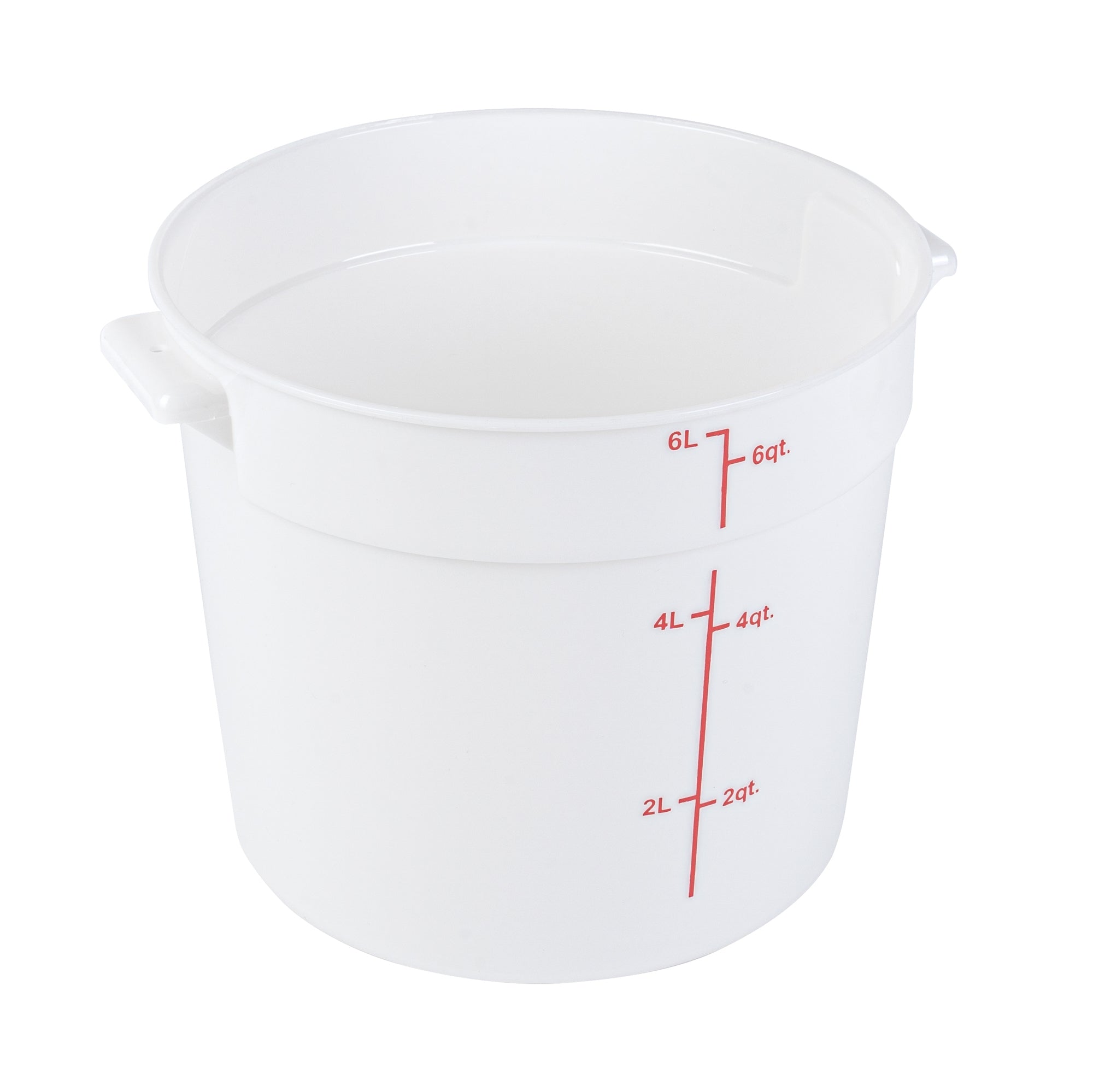 restaurantware Met Lux 6 qt Round White Plastic Food Storage Container - with Red Volume Markers - 8 3/4" x 8 3/4" x 7 3/4" - 10 count box
