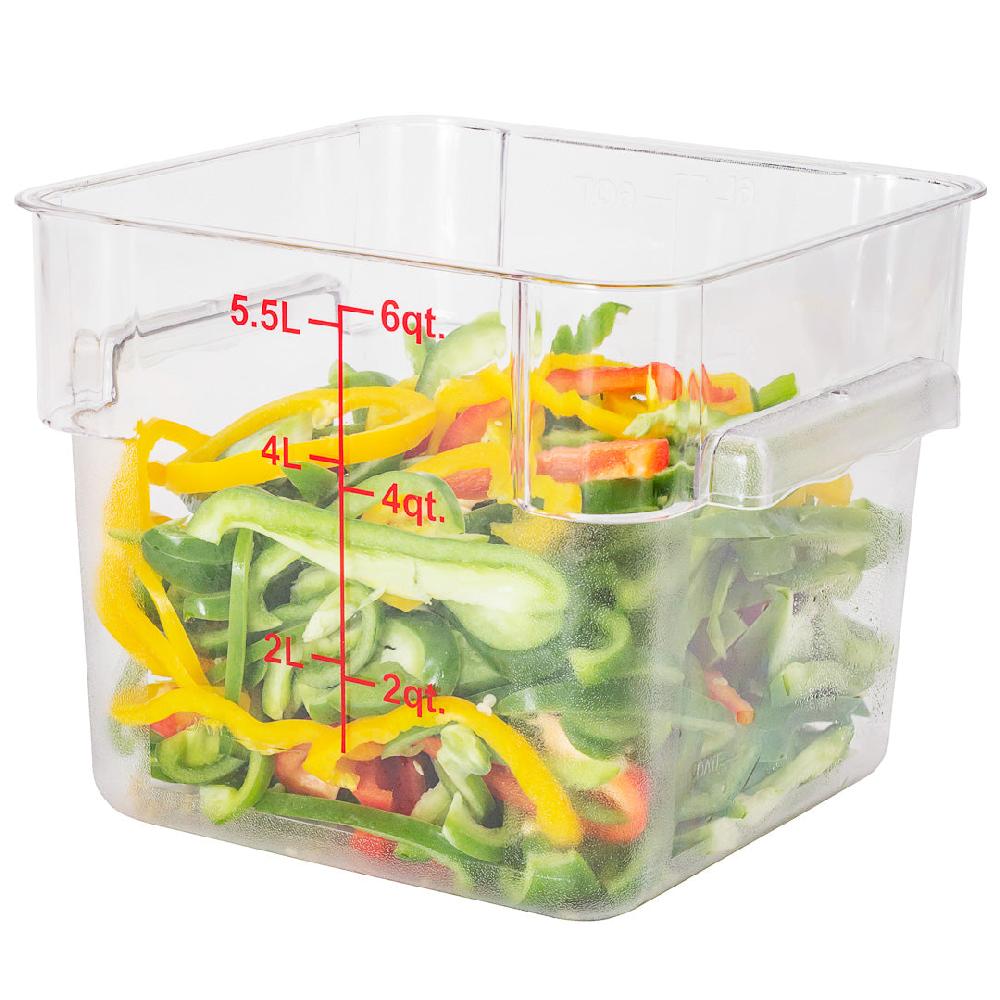 restaurantware Met Lux 6 qt Square Clear Plastic Food Storage Container - with Red Volume Markers - 9" x 9" x 7 1/2" - 10 count box