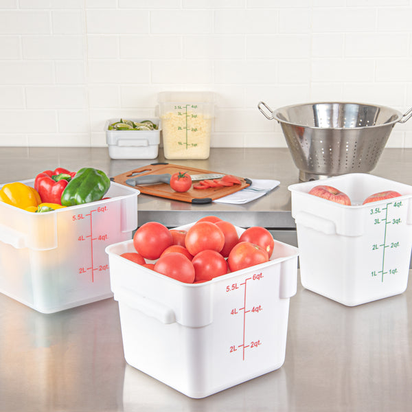 Restaurantware Met Lux 6 Qt Square White Plastic Food Storage Container - With Red Volume Markers - 9" X 9" X 7 1/2" - 10 Count Box
