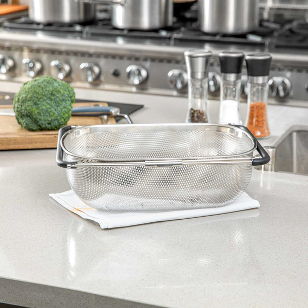Restaurantware Met Lux 6 Qt Stainless Steel Over-The-Sink Colander - Expandable Handles Coarse Mesh - 14 1/2" X 10 1/2" X 4 1/2" - 1 Count Box