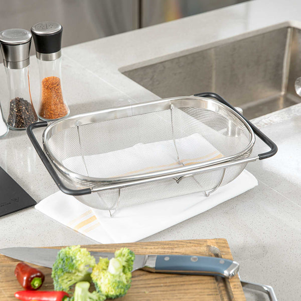 Restaurantware Met Lux 6 Qt Stainless Steel Over-The-Sink Colander - Expandable Handles Extra Fine Mesh - 14 1/4" X 9 3/4" X 4 1/4" - 1 Count Box