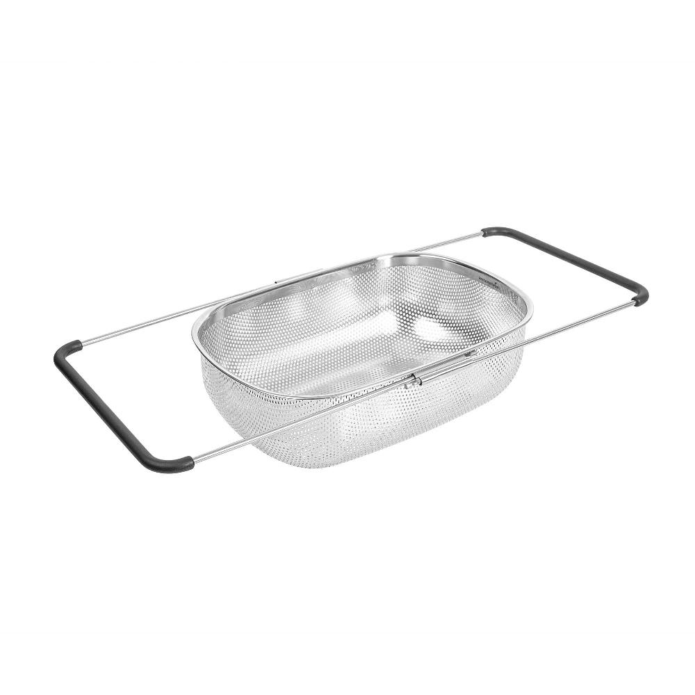 restaurantware Met Lux 6 qt Stainless Steel Over-The-Sink Colander - Expandable Handles Coarse Mesh - 14 1/2" x 10 1/2" x 4 1/2" - 1 count box