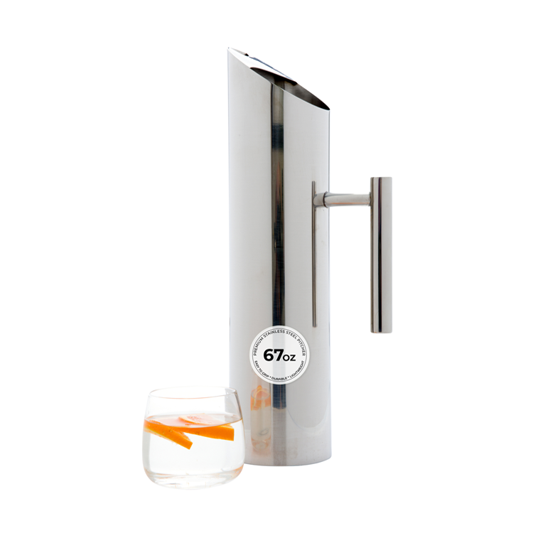 restaurantware Met Lux 67 oz Round Polished Stainless Steel Water Pitcher - 3 1/2" x 3 1/2" x 14" - 1 count box