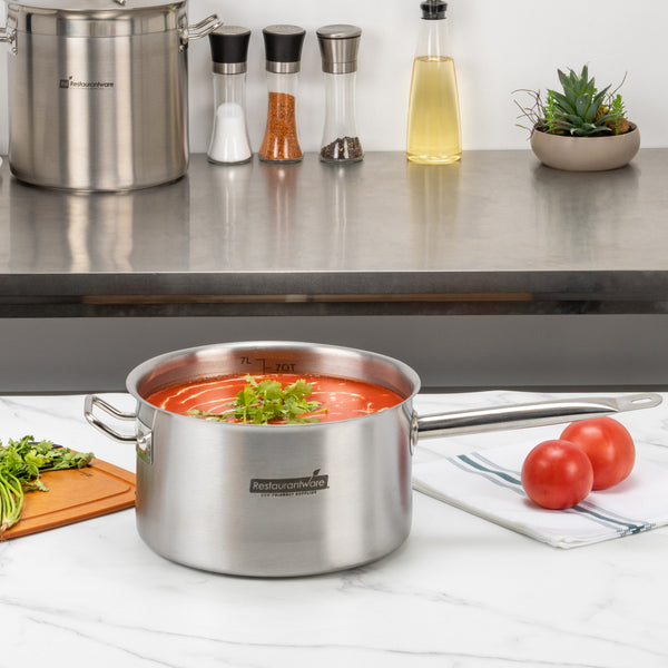 Restaurantware Met Lux 7.5 Qt Stainless Steel Sauce Pan - Induction Ready Dual Handle - 1 Count Box