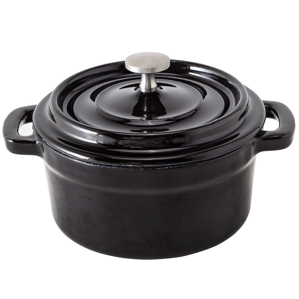 Restaurantware Met Lux 8 Oz Round Black Cast Iron Mini Casserole Dish - Enameled With Stainless Steel Knob - 5 1/4" X 4" X 3" - 1 Count Box