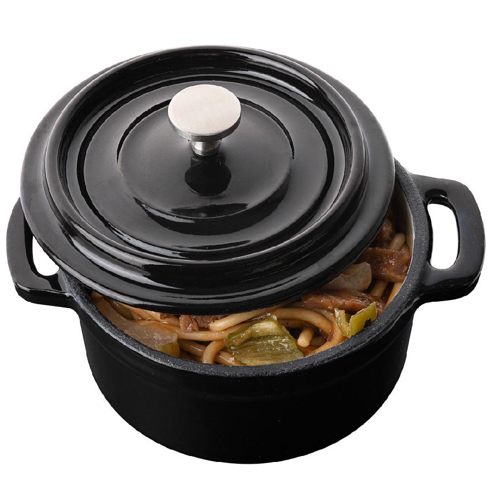 restaurantware Met Lux 8 oz Round Black Cast Iron Mini Casserole Dish - Enameled with Stainless Steel Knob - 5 1/4" x 4" x 3" - 1 count box