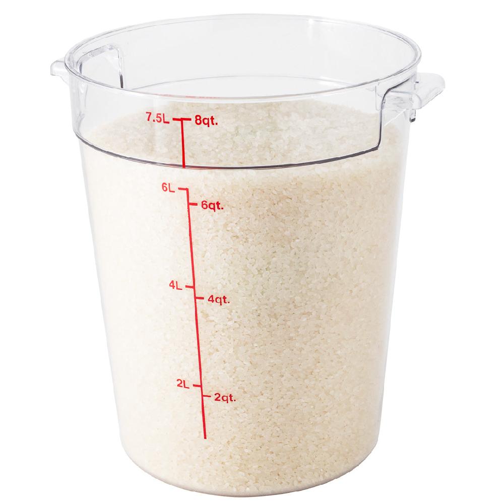 restaurantware Met Lux 8 qt Round Clear Plastic Food Storage Container - with Red Volume Markers - 8 3/4" x 8 3/4" x 10 1/2" - 10 count box
