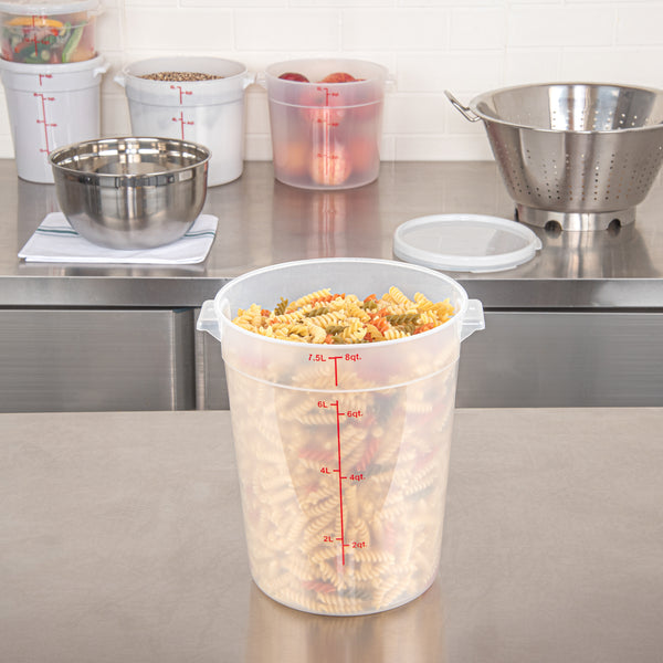 Restaurantware Met Lux 8 Qt Round Translucent Plastic Food Storage Container - With Red Volume Markers - 8 3/4" X 8 3/4" X 10 3/4" - 10 Count Box