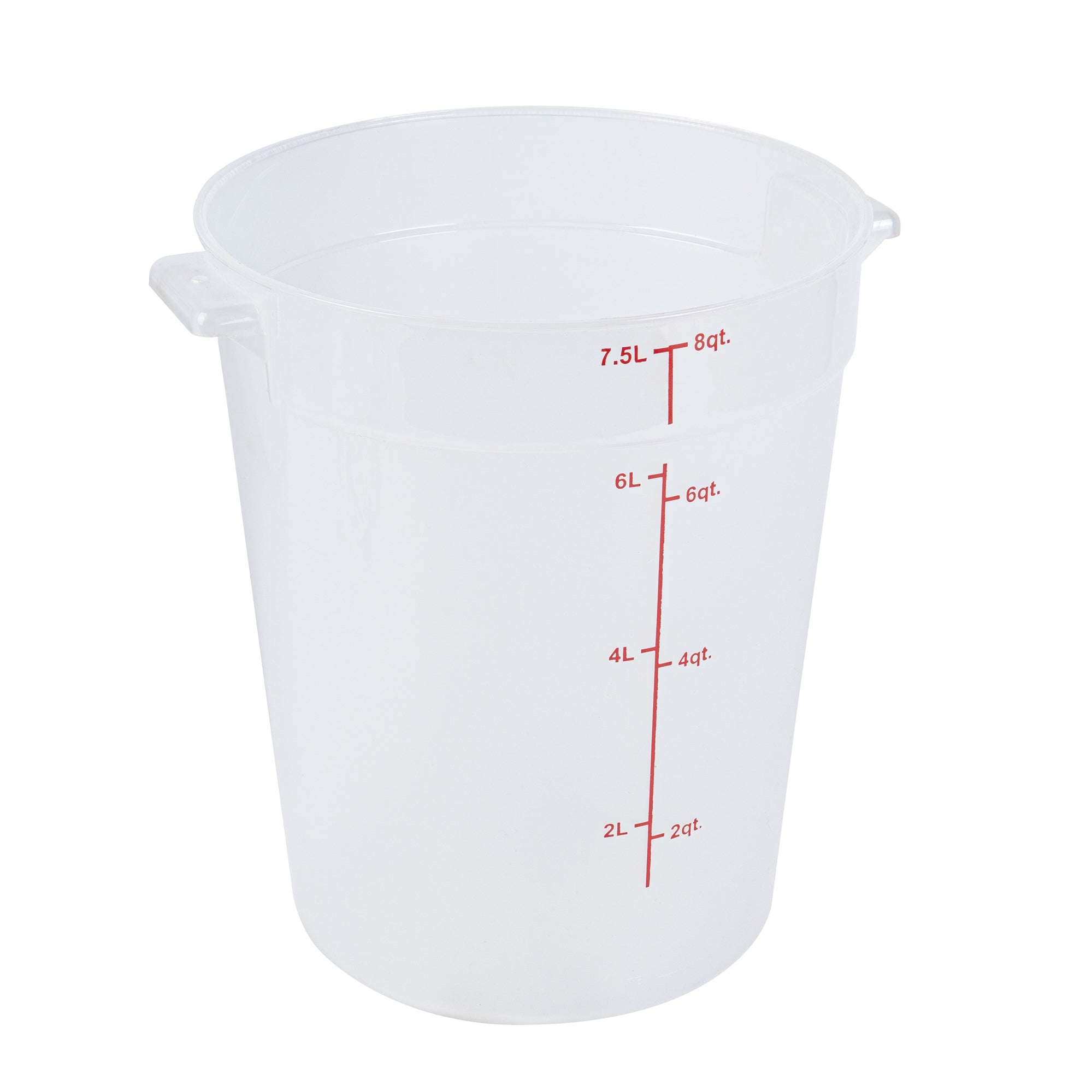 restaurantware Met Lux 8 qt Round Translucent Plastic Food Storage Container - with Red Volume Markers - 8 3/4" x 8 3/4" x 10 3/4" - 10 count box
