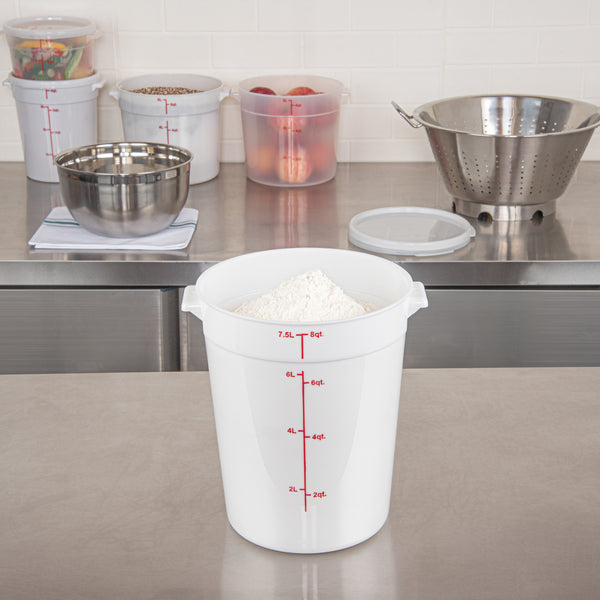 Restaurantware Met Lux 8 Qt Round White Plastic Food Storage Container - With Red Volume Markers - 8 3/4" X 8 3/4" X 10 3/4" - 10 Count Box