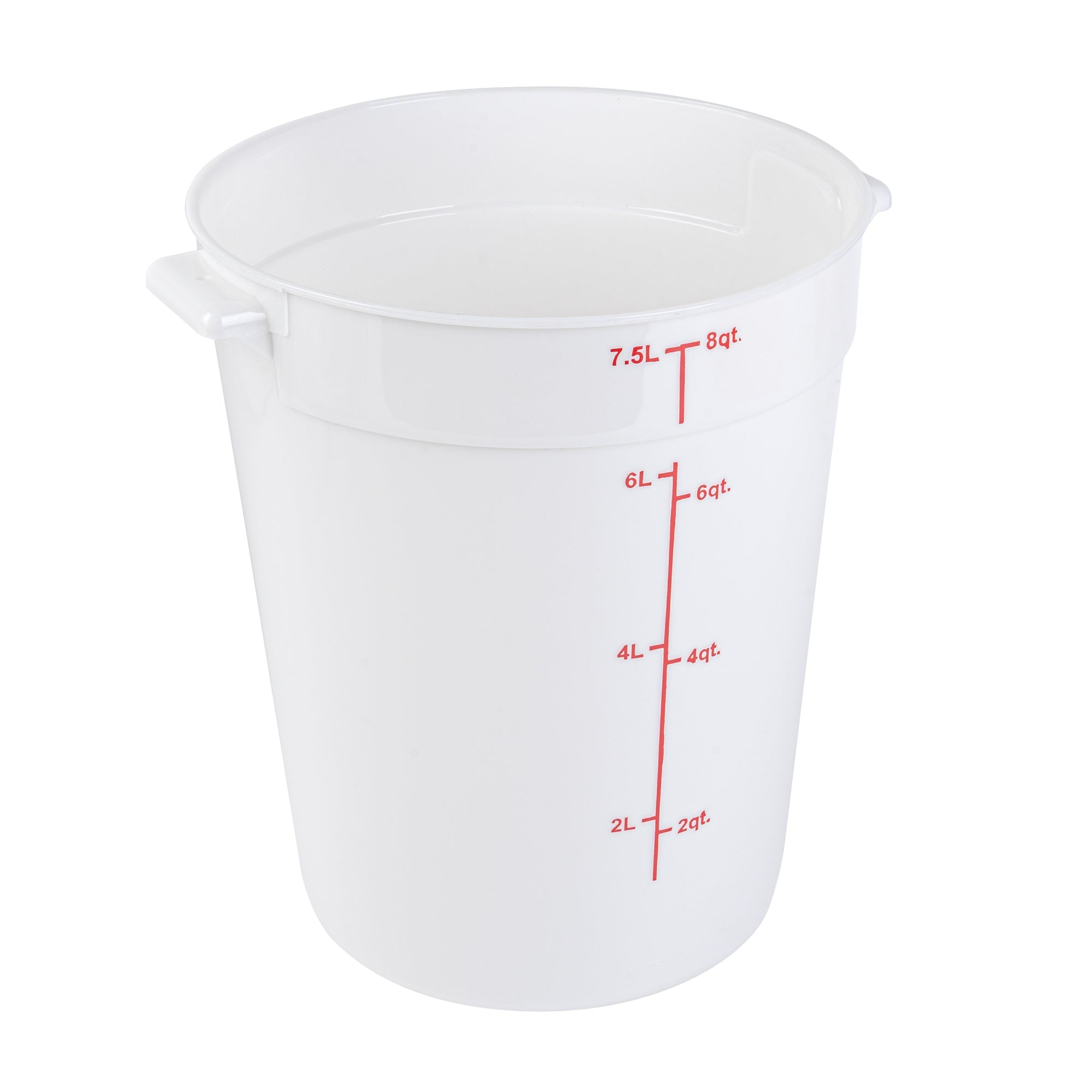 restaurantware Met Lux 8 qt Round White Plastic Food Storage Container - with Red Volume Markers - 8 3/4" x 8 3/4" x 10 3/4" - 10 count box