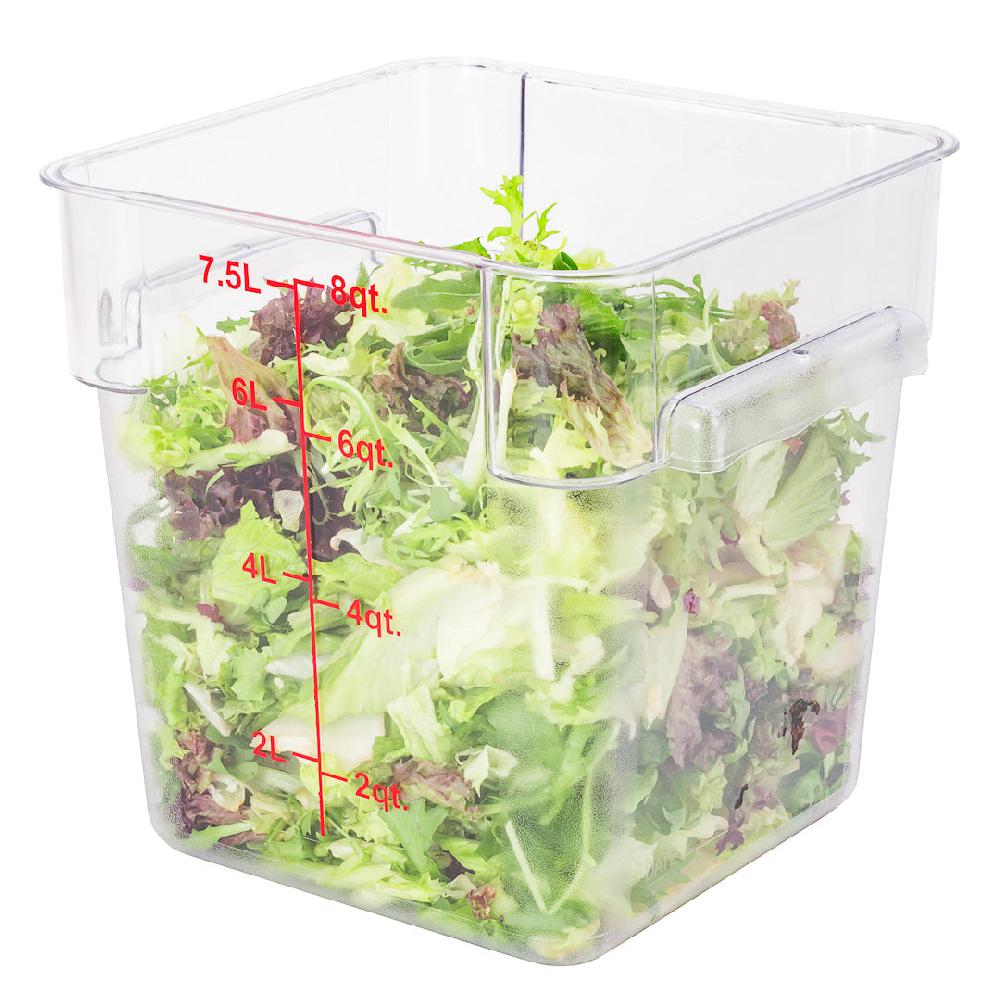 restaurantware Met Lux 8 qt Square Clear Plastic Food Storage Container - with Red Volume Markers - 8 3/4" x 8 3/4" x 8 1/2" - 10 count box