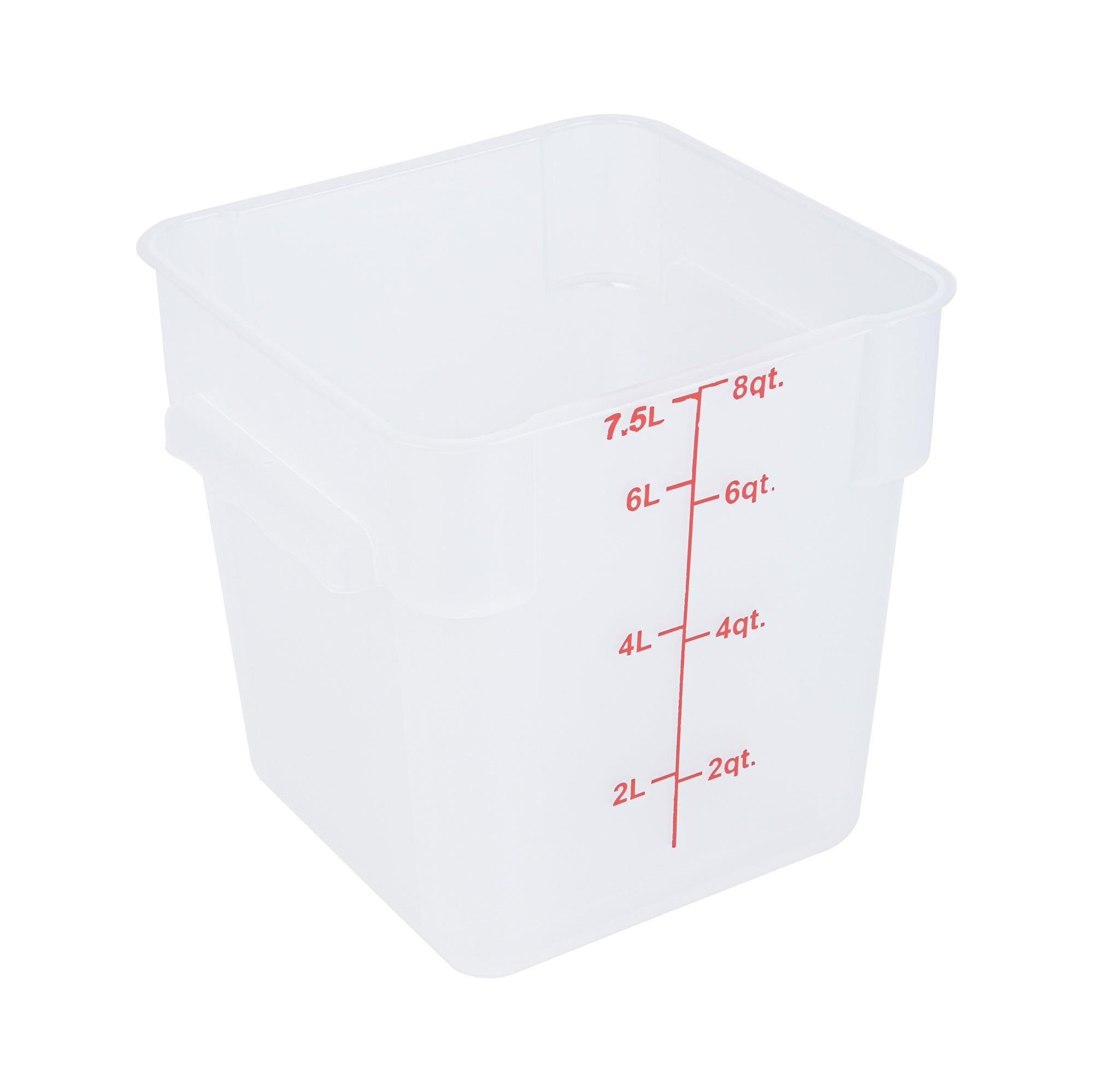 restaurantware Met Lux 8 qt Square Translucent Plastic Food Storage Container - with Red Volume Markers - 8 3/4" x 8 3/4" x 8 1/2" - 10 count box