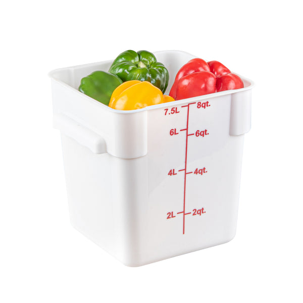 Restaurantware Met Lux 8 Qt Square White Plastic Food Storage Container - With Red Volume Markers - 8 3/4" X 8 3/4" X 8 1/2" - 10 Count Box