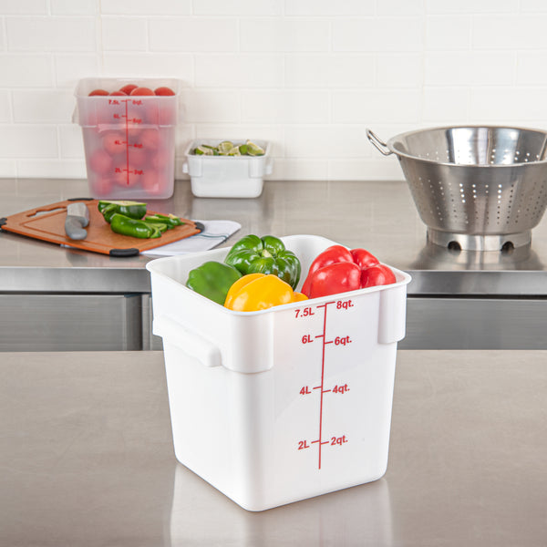 Restaurantware Met Lux 8 Qt Square White Plastic Food Storage Container - With Red Volume Markers - 8 3/4" X 8 3/4" X 8 1/2" - 10 Count Box