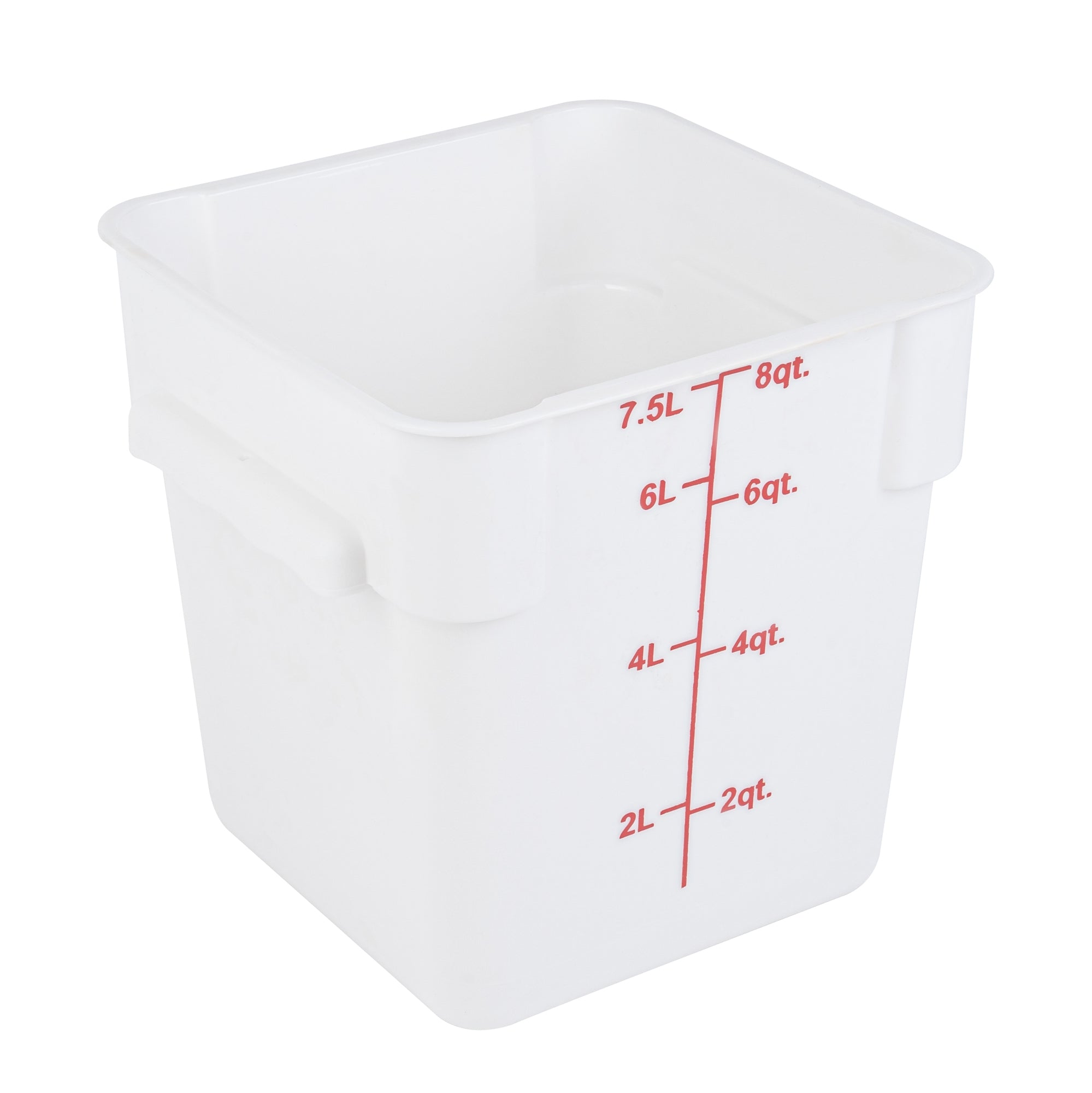 restaurantware Met Lux 8 qt Square White Plastic Food Storage Container - with Red Volume Markers - 8 3/4" x 8 3/4" x 8 1/2" - 10 count box