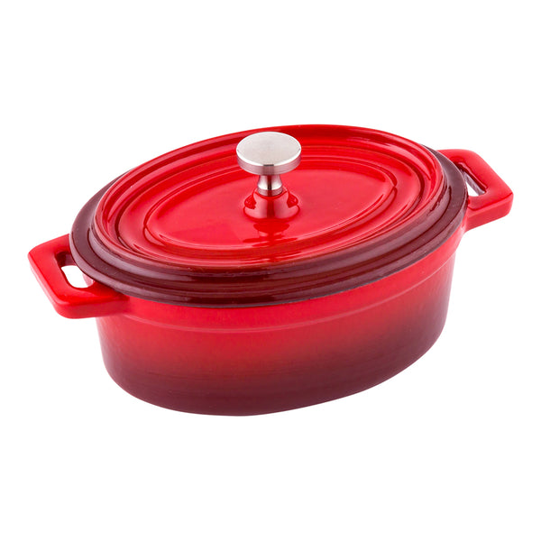 Restaurantware Met Lux 9 Oz Oval Red Cast Iron Mini Casserole Dish - Enameled With Stainless Steel Knob - 6" X 4" X 3" - 1 Count Box