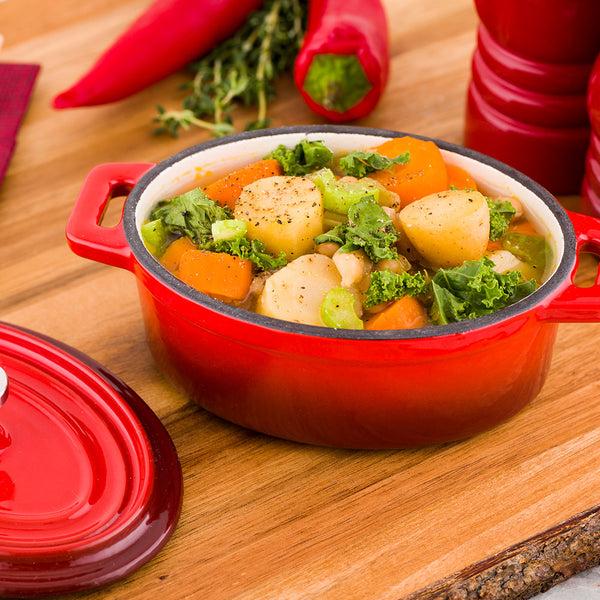 Restaurantware Met Lux 9 Oz Oval Red Cast Iron Mini Casserole Dish - Enameled With Stainless Steel Knob - 6" X 4" X 3" - 1 Count Box