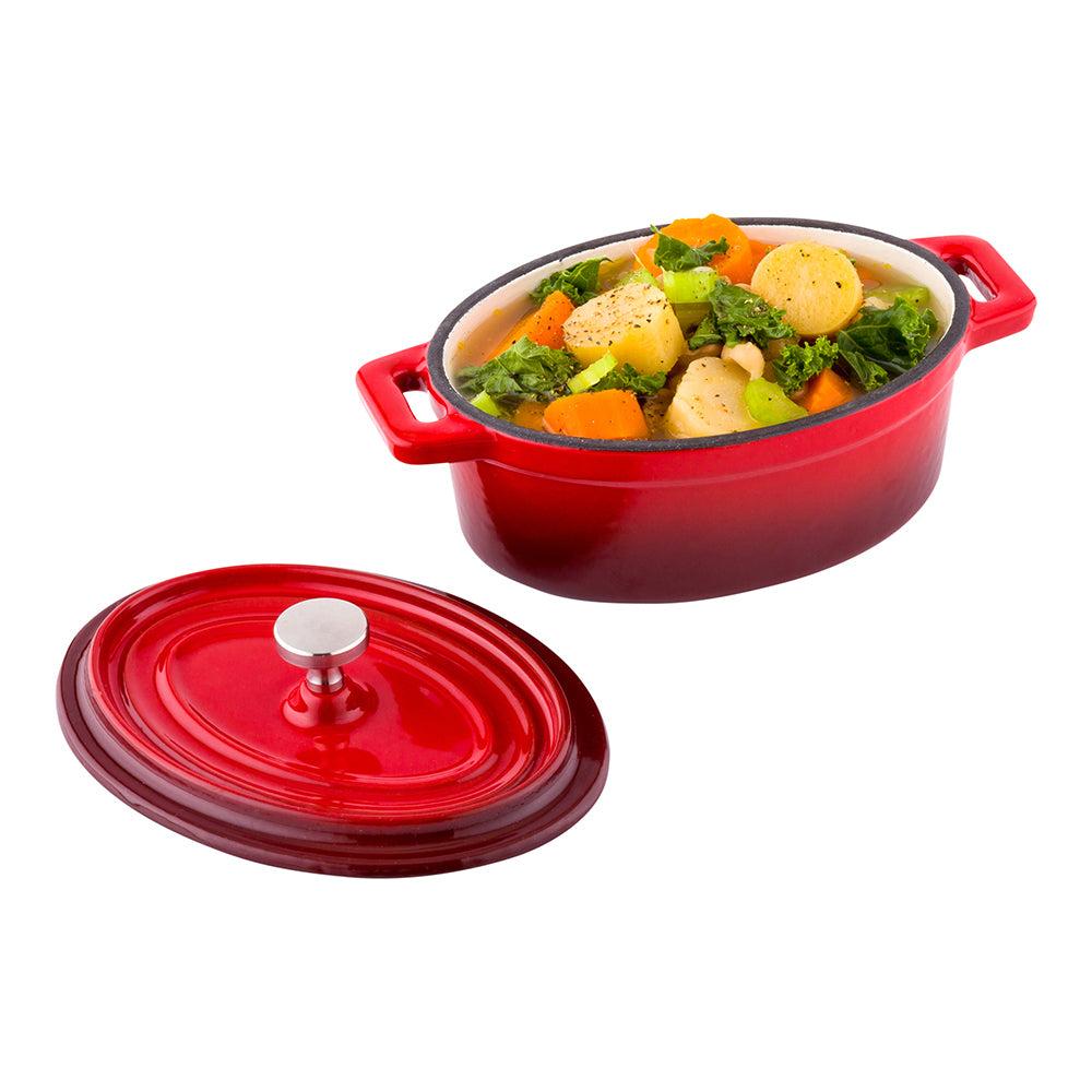 restaurantware Met Lux 9 oz Oval Red Cast Iron Mini Casserole Dish - Enameled with Stainless Steel Knob - 6" x 4" x 3" - 1 count box