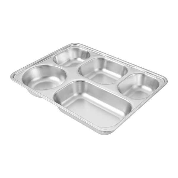 Restaurantware Met Lux Ambidextrous Rectangle Stainless Steel Tray - 5 Compartments - 11" X 8 3/4" X 1 3/4" - 20 Count Box