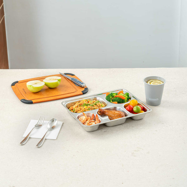 Restaurantware Met Lux Ambidextrous Rectangle Stainless Steel Tray - 5 Compartments - 11" X 8 3/4" X 1 3/4" - 20 Count Box