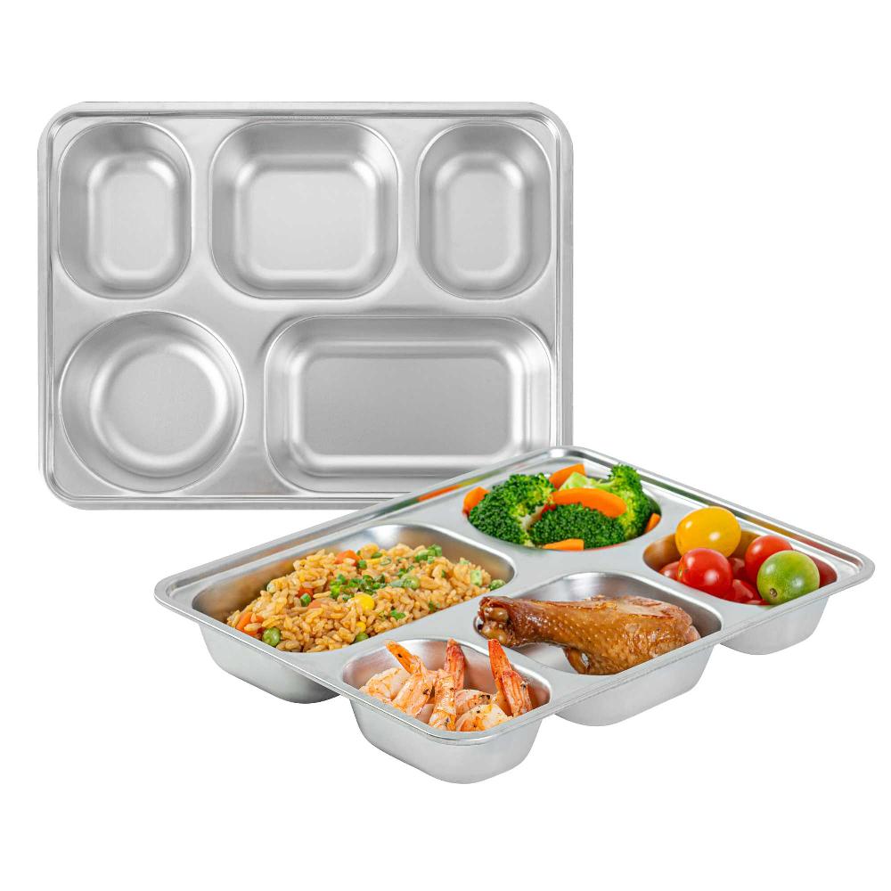 restaurantware Met Lux Ambidextrous Rectangle Stainless Steel Tray - 5 Compartments - 11" x 8 3/4" x 1 3/4" - 20 count box