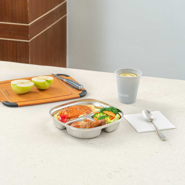 Restaurantware Met Lux Ambidextrous Square Stainless Steel Tray - 3 Compartments - 7 3/4" X 7 3/4" X 1 3/4" - 20 Count Box