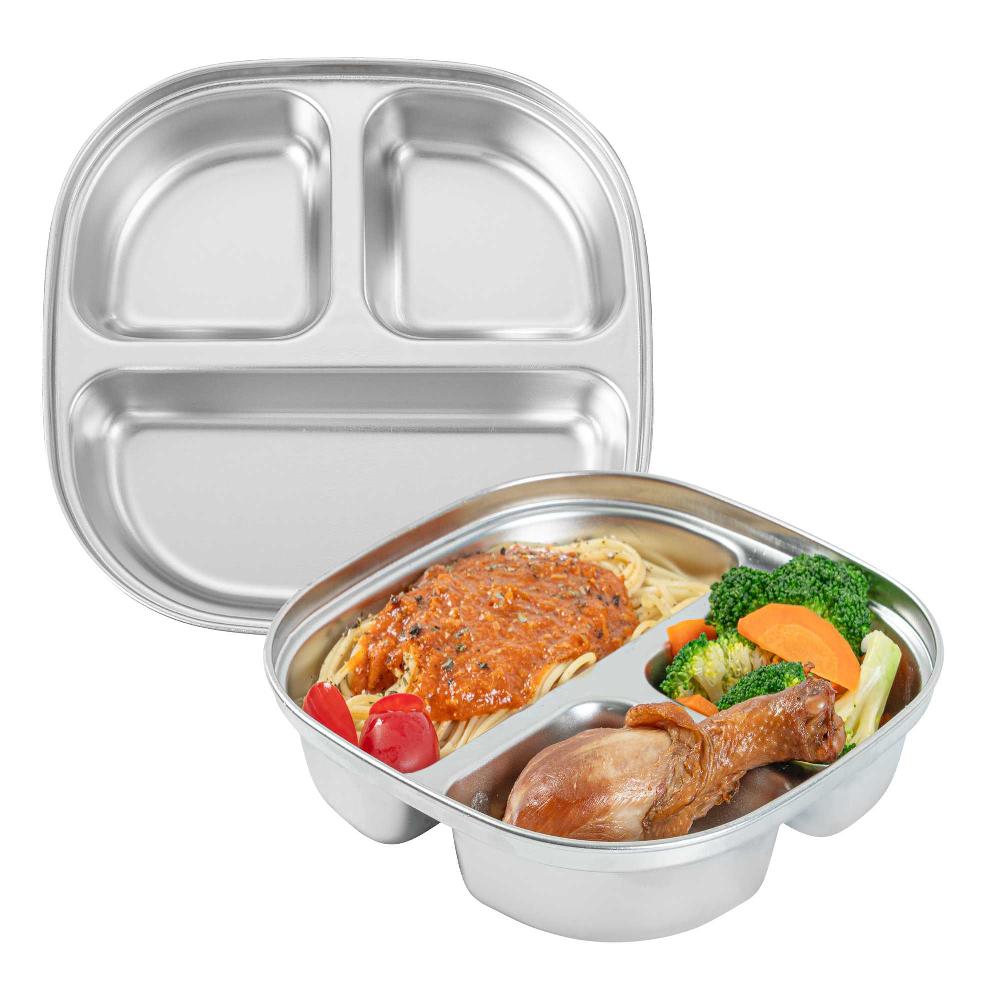 restaurantware Met Lux Ambidextrous Square Stainless Steel Tray - 3 Compartments - 7 3/4" x 7 3/4" x 1 3/4" - 20 count box