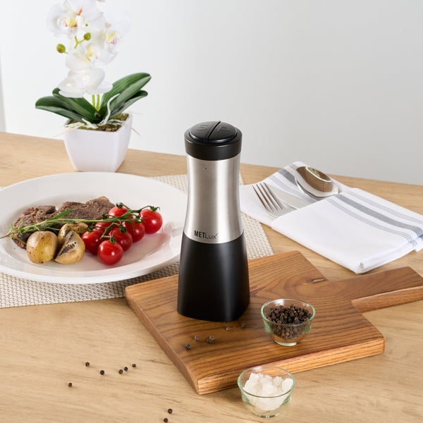 Restaurantware Met Lux Black 2-in-1 Electric Salt And Pepper Grinder - Battery-Operated With LED Light - 2 3/4'' X 2 3/4'' X 7 3/4'' - 1 Count Box