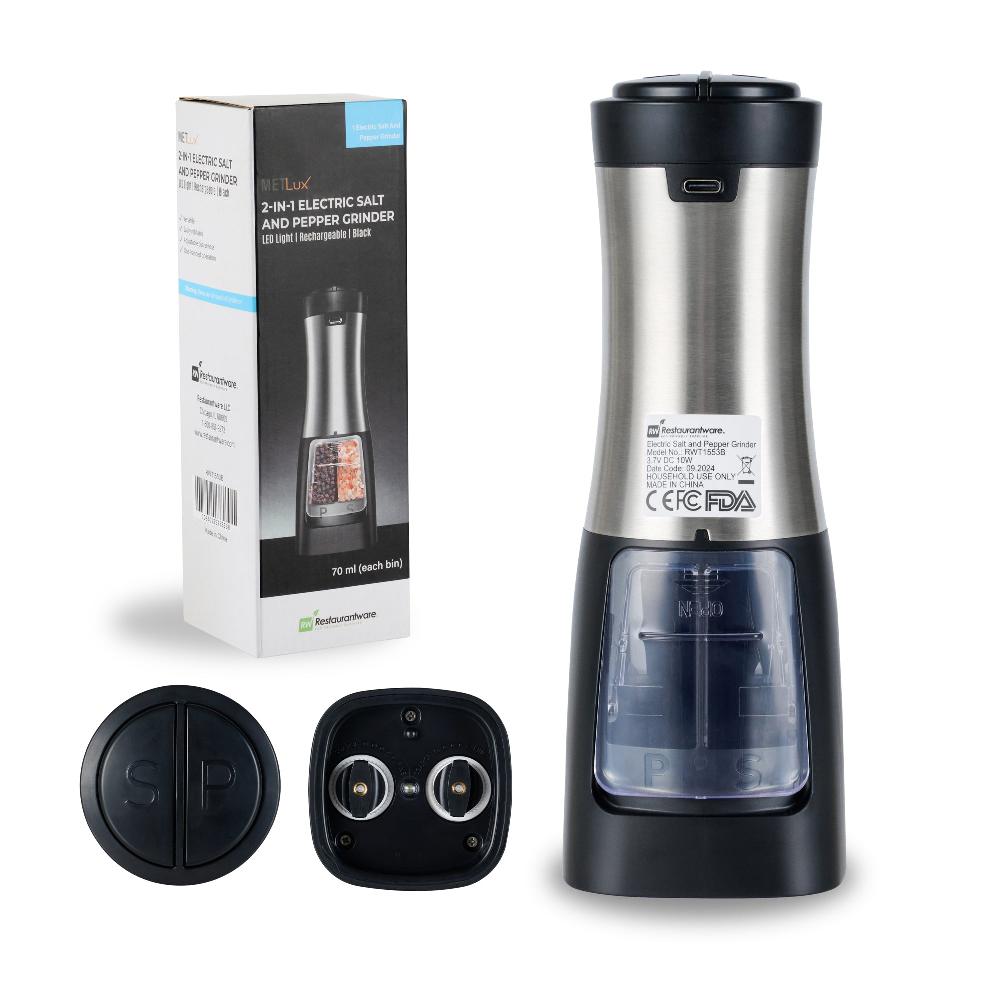 restaurantware Met Lux Black 2-in-1 Electric Salt and Pepper Grinder - Battery-Operated with LED Light - 2 3/4'' x 2 3/4'' x 7 3/4'' - 1 count box