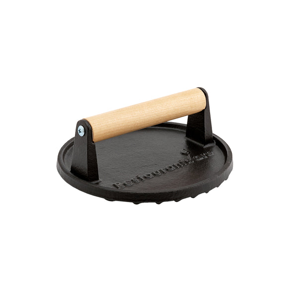 Restaurantware Met Lux Black Cast Iron Grill Press - With Wooden Handle - 7" X 7" - 1 Count Box