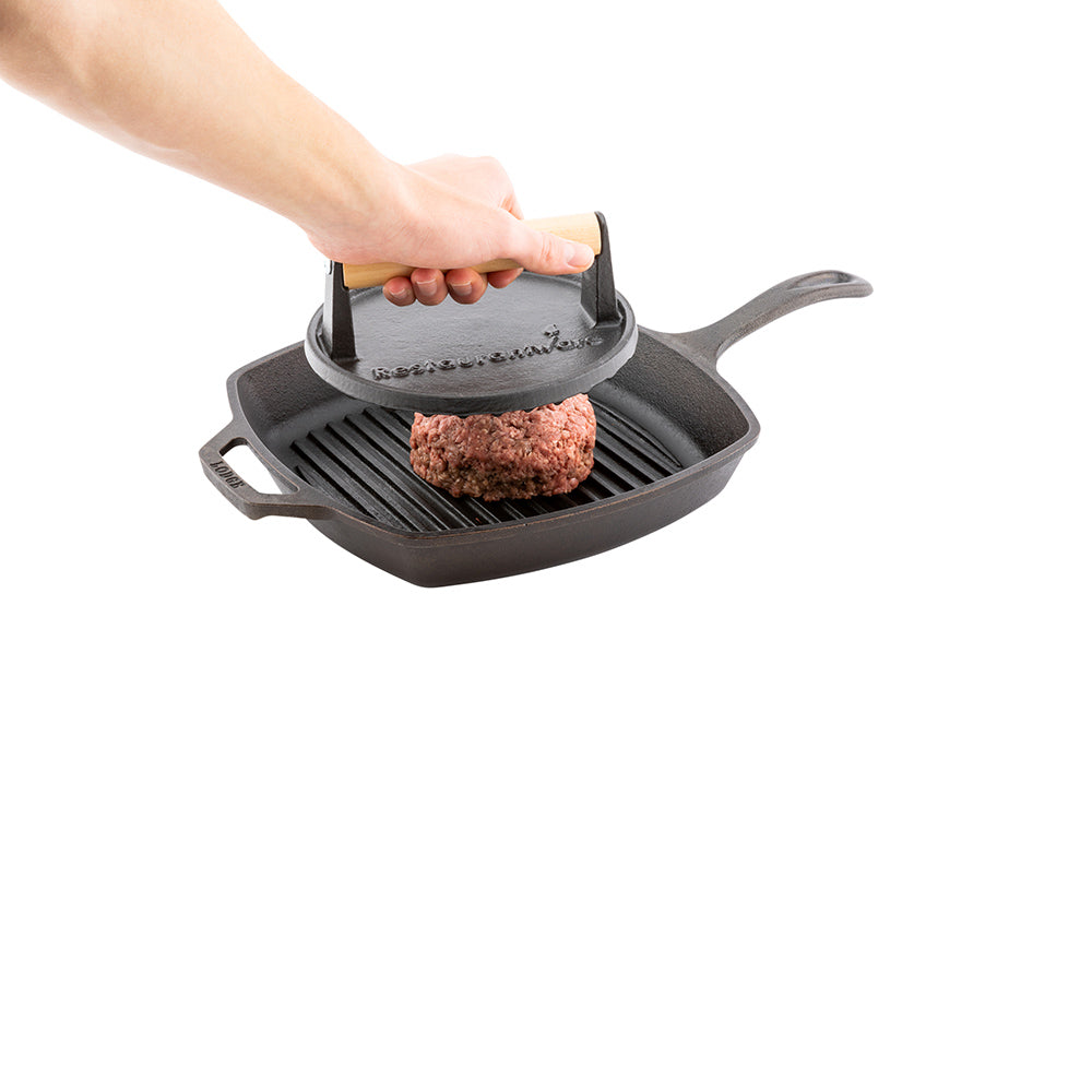 restaurantware Met Lux Black Cast Iron Grill Press - with Wooden Handle - 7" x 7" - 1 count box