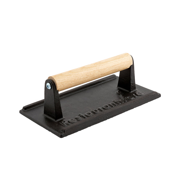Restaurantware Met Lux Black Cast Iron Steak Weight - With Wooden Handle - 7 3/4" X 4" - 1 Count Box