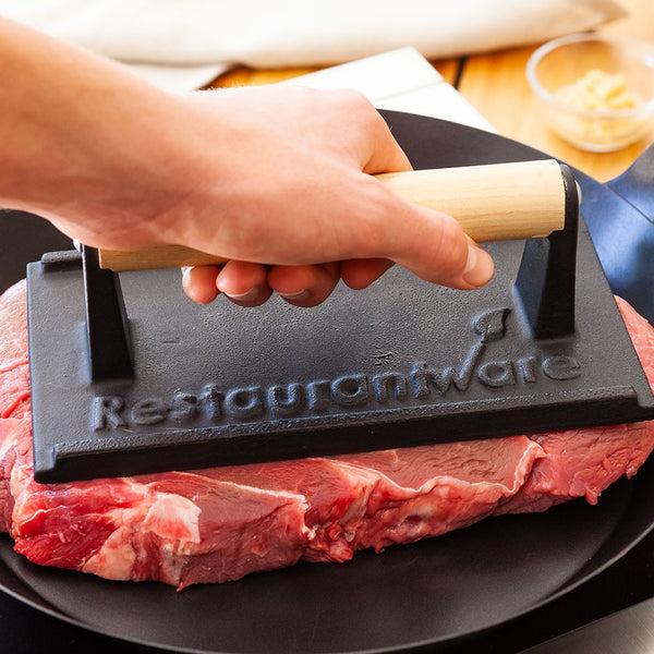 Restaurantware Met Lux Black Cast Iron Steak Weight - With Wooden Handle - 7 3/4" X 4" - 1 Count Box