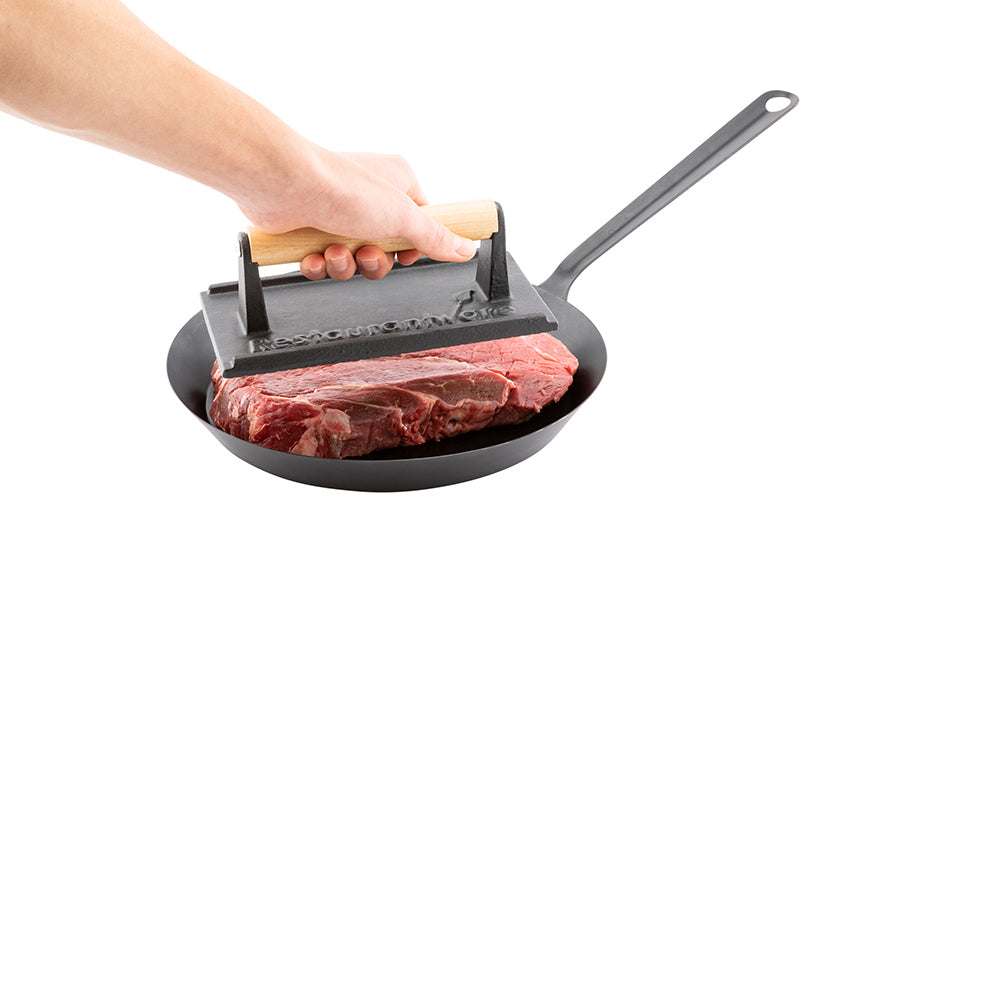 restaurantware Met Lux Black Cast Iron Steak Weight - with Wooden Handle - 7 3/4" x 4" - 1 count box