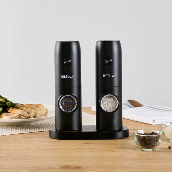 Restaurantware Met Lux Black Electric Salt And Pepper Grinder Set - With Charging Base And LED Light - 6 1/2'' X 2 3/4'' X 7 3/4'' - 1 Count Box