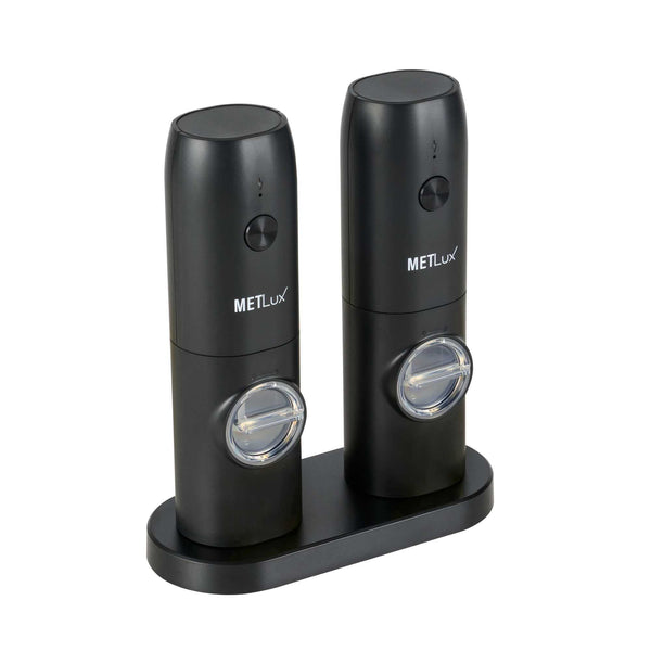 Restaurantware Met Lux Black Electric Salt And Pepper Grinder Set - With Charging Base And LED Light - 6 1/2'' X 2 3/4'' X 7 3/4'' - 1 Count Box