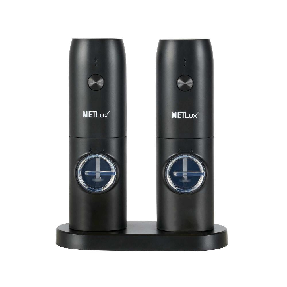 restaurantware Met Lux Black Electric Salt and Pepper Grinder Set - with Charging Base and LED Light - 6 1/2'' x 2 3/4'' x 7 3/4'' - 1 count box